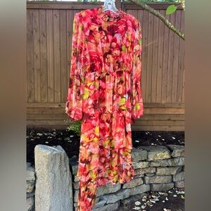 Lara G. Red Floral Silk Blend Tiered Asymmetrical Hemmed Dress
